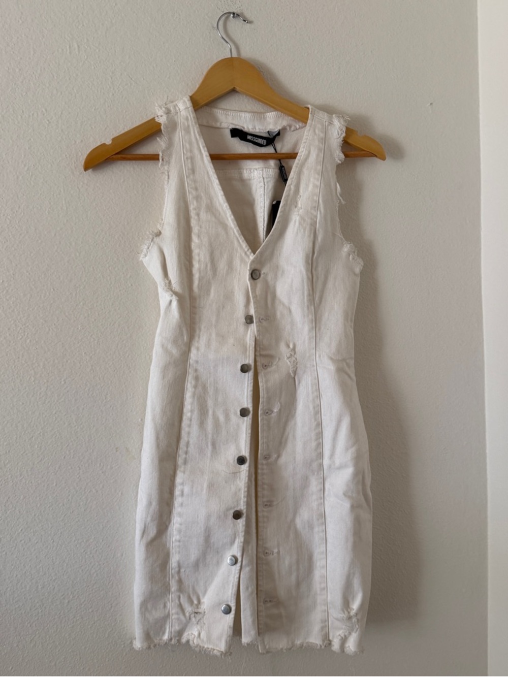 Missguided White Button-Front Distressed Denim Mini Dress